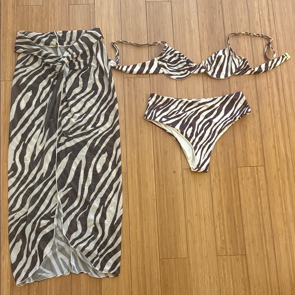 Zebra Print Bikini Set with Matching Sarong - Women Swim